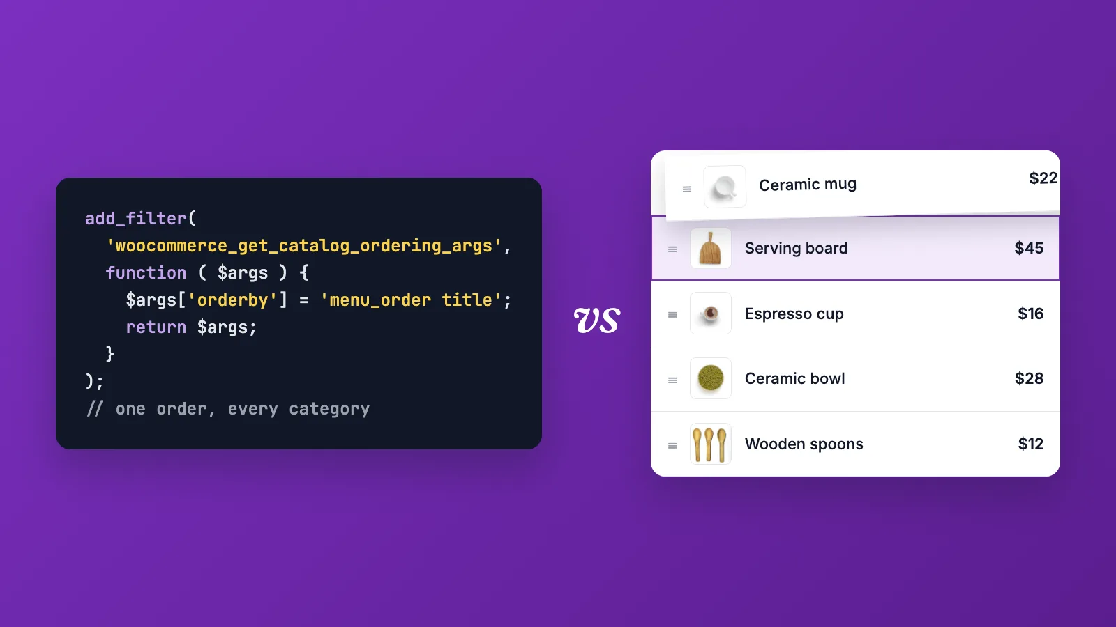 Illustration: a PHP menu_order code snippet next to a drag-and-drop product list.