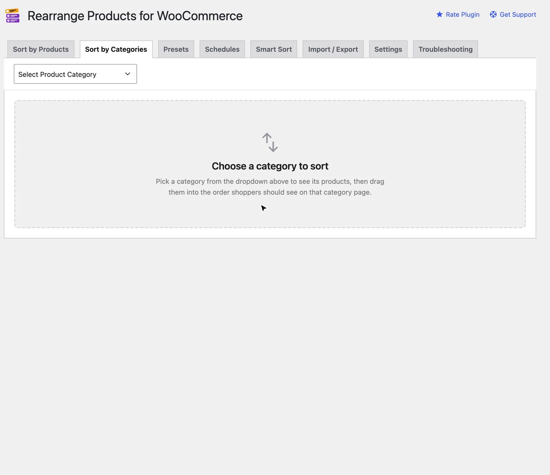 The Sort by Categories screen: picking Clothing, then Men, from the category menu, dragging one product to the top of that category and saving.