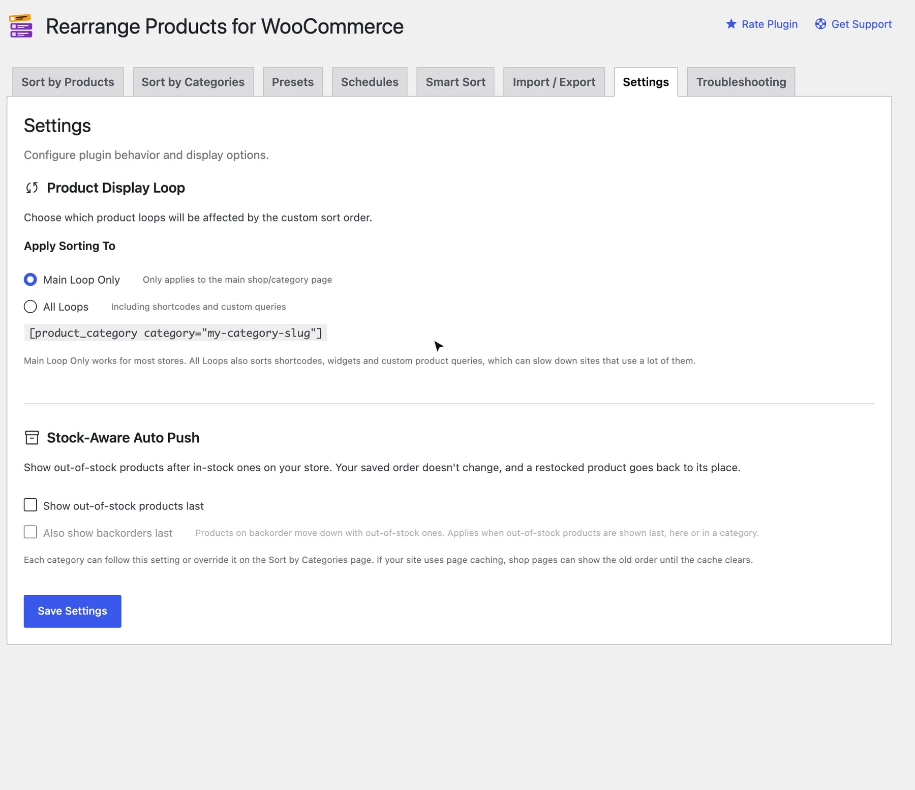 Turning on Show out-of-stock products last in Settings, then the product list marking two sold-out products as Shown last.